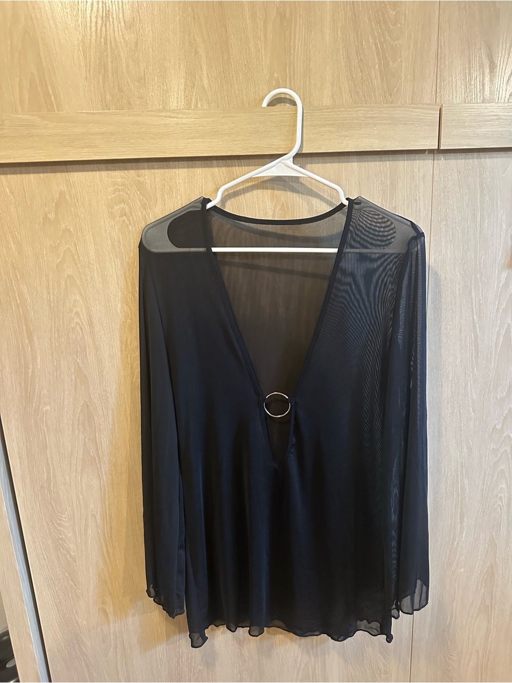 Black Sheer V-Neck Top with O-Ring Detail